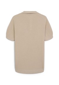 Beige Poloshirt mit kurzen Ärmeln, strukturiertem Wabenmuster, geripptem Kragen und Bündchen; entspannte Passform und gerade Saum.