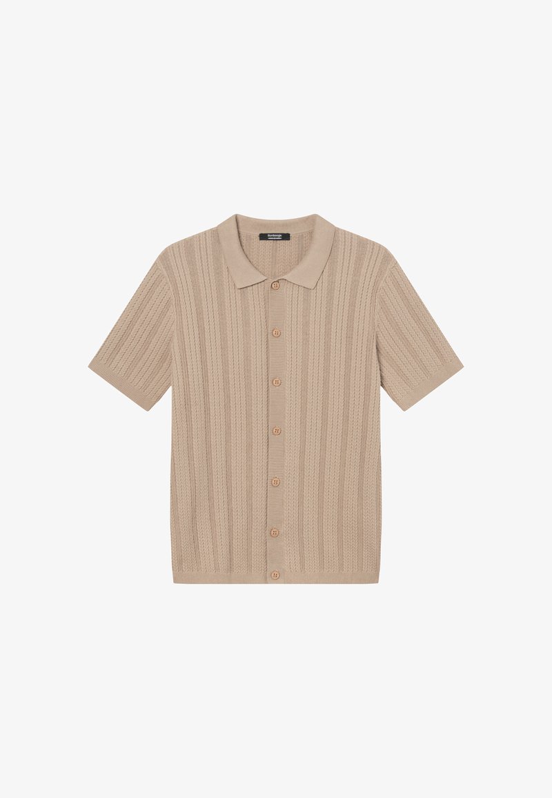 Cardigan a maniche corte beige in maglia con colletto e motivo a trecce verticali, abbottonato sul davanti.