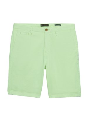 Lysegrønne knælange bomuldsshorts til mænd med bæltestropper, knappelukning foran, lynlås og sidelommer, designet i almindelig pasform.