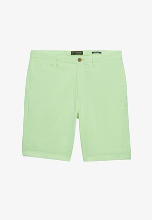 Jasnozielone męskie bawełniane szorty sięgające kolan z szlufkami na pasek, z przodem zapinanym na guziki i suwak oraz z bocznymi kieszeniami, o klasycznym kroju.