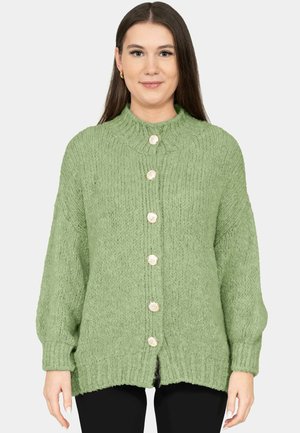 Vrouw draagt een dikke lichtgroene gebreide cardigan met grote knopen, staand tegen een effen lichte achtergrond.