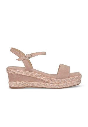 Pink suede wedge sandals featuring a braided jute platform and an adjustable ankle strap with a silver buckle.