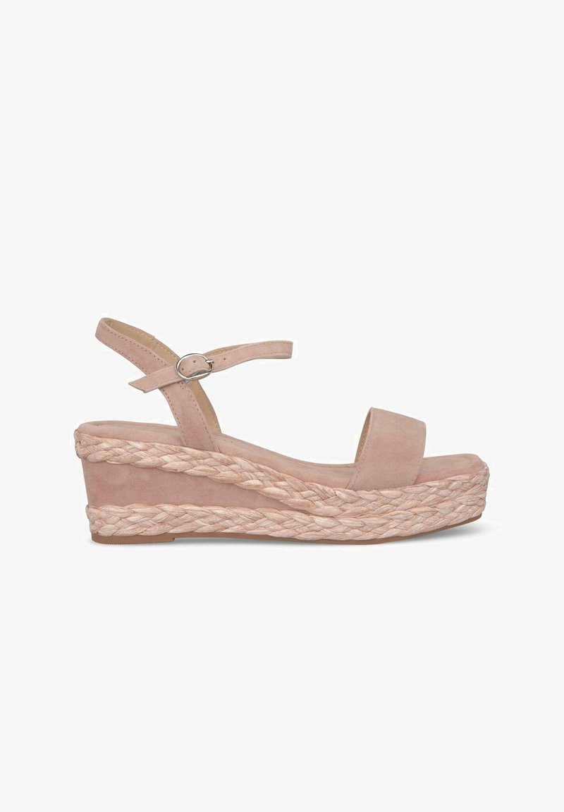 Pink suede wedge sandals featuring a braided jute platform and an adjustable ankle strap with a silver buckle.