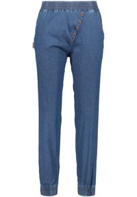 Denim jogger kalhoty s elastickým pasem, zúženými nohavicemi a bočními knoflíky. Mají modrou barvu a měkkou, lehkou látku.