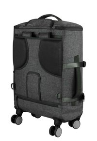 Grauer Stoff-Handgepäckkoffer mit einem oberen Griff, Netzseitentaschen und vier Rollen. Verfügt über Reißverschlüsse und verstellbare Gurte zur Sicherheit.