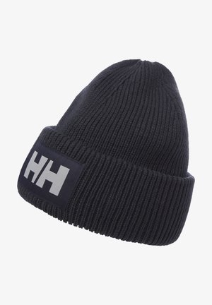 Gorro de punto acanalado gris oscuro con puño doblado y parche rectangular con el logotipo "HH" en blanco y negrita en el frente.