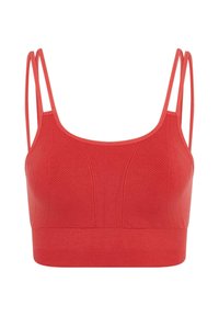 Reggiseno sportivo rosso con un design aderente, caratterizzato da spalline sottili regolabili, superficie texturizzata e un ampio elastico alla base.