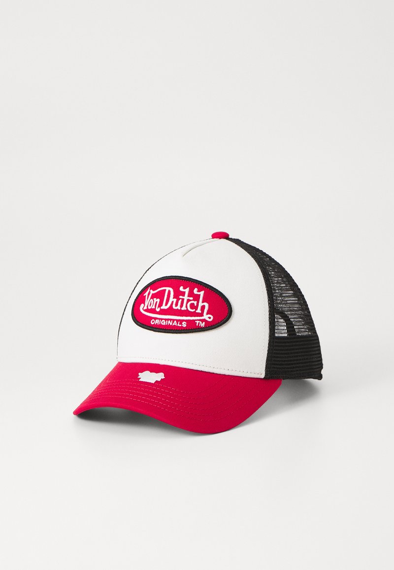 Black mesh back cap with red brim and white front panel. Features an embroidered red and black logo patch labeled "Von Dutch Originals."