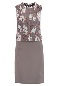 Kukallinen mekko, jossa on pleidaattu harmaa yläosa ja sileä harmaa hame. Mekossa on pyöreä kaula-aukko ja korostusnauha selässä.