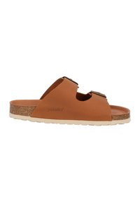 Sandal in pelle marrone con due cinturini regolabili, suola intermedia in sughero e suola esterna in gomma testurizzata. Logo del marchio visibile sul lato.