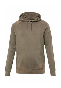 Olivgrön hoodie med dragsko i huven, framficka och ribbade ärmslut. Har en mjuk och slät textur samt avslappnad passform.