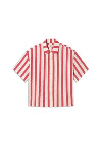 Short-sleeve button-up shirt featuring vertical red and white stripes, collared neckline, and lightweight fabric with a textured finish.