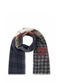 Sciarpa in lana con motivi a scacchi blu e beige, con testo grafico rosso. Il bordo sfilacciato mette in risalto la texture. Forma rettangolare.