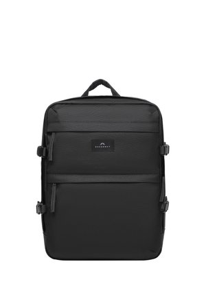 Zaino nero rettangolare con due tasche anteriori con zip, cinghie laterali, manico superiore e una piccola etichetta del marchio Doughnut centrata sul davanti.