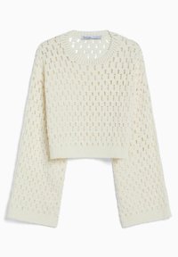 Krämfärgad kort stickad tröja med en texturerad öppen väv, rund krage och långa, breda ärmar med ribbade muddar.