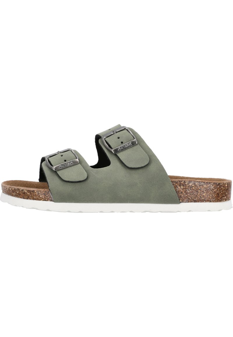 Grüne Wildledersandalen mit zwei verstellbaren Schnallenriemen, Korkfußbett und weißer Gummilaufsohle. Flaches Design mit offener Zehenpartie.