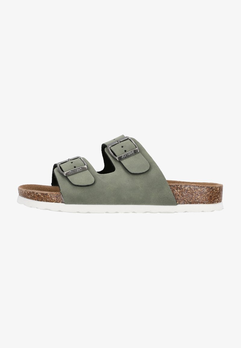 Sandales en daim vert avec deux sangles réglables à boucle, semelle en liège et semelle extérieure en caoutchouc blanc. Design plat avec bout ouvert.