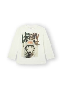Camiseta blanca de manga larga con un estampado gráfico de un lobo con un sombrero y el texto "URBAN WILD" en varios colores. Material de algodón.