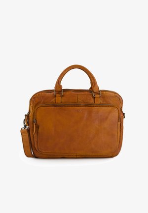 Brown leather briefcase with dual handles, detachable shoulder strap, front zip pocket, and embossed Venezia logo.
