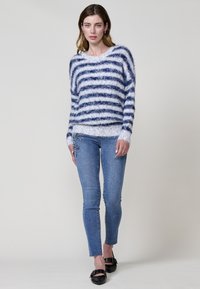 Maglione lavorato a maglia a righe blu e bianche, texture pelosa, scollatura rotonda; abbinato a jeans blu chiaro con ricami floreali e ballerine nere.