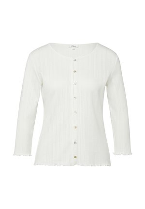 Biały prążkowany kardigan dzianinowy z okrągłym dekoltem, długimi rękawami, karbowanymi brzegami oraz rzędem guzików w różnych kolorach z przodu.