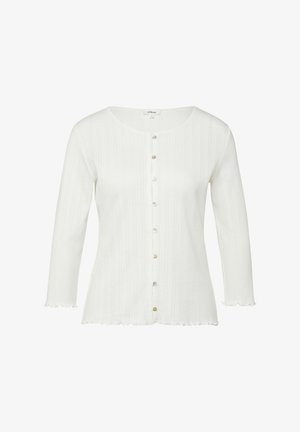 Witte geribbelde gebreide cardigan met ronde halslijn, lange mouwen, geschulpte randen en een rij knopen in verschillende kleuren aan de voorkant.