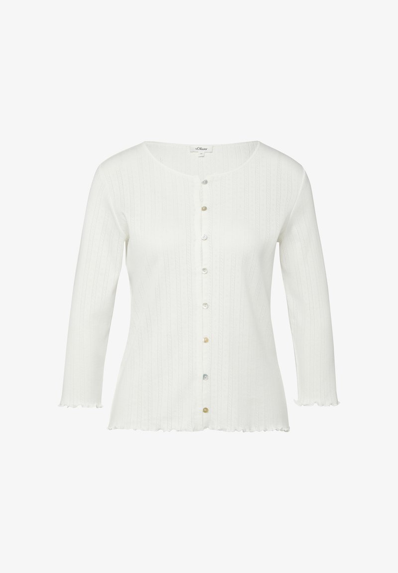 Biały prążkowany kardigan dzianinowy z okrągłym dekoltem, długimi rękawami, karbowanymi brzegami oraz rzędem guzików w różnych kolorach z przodu.