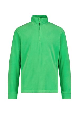 Grüner Fleecepullover mit langen Ärmeln, hohem Kragen und einem Viertel-Reißverschluss in der vorderen Mitte.