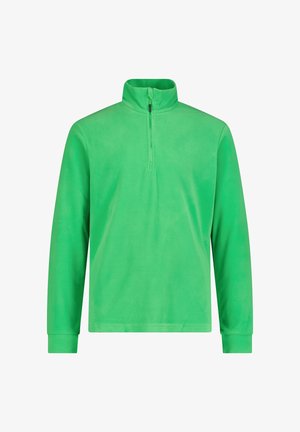 Pile verde a maniche lunghe con collo alto e chiusura con zip a quarto davanti al centro.