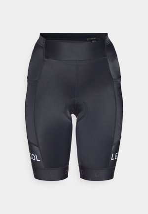 Schwarze Radsportshorts aus glattem Stoff. Mit gepolstertem Sitz, hohem Bund und Logo-Akzenten an den Seiten.