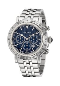 Orologio in acciaio inox argentato con quadrante blu texturizzato, sub-quadranti cronografici, lunetta tachimetrica e bracciale in metallo a maglie.