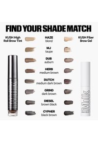 Seven pairs of brow tint and brow gel shades range from blond to black brown, labeled with shade names and descriptions for matching brows.