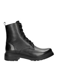 Schwarze Leder-Stiefeletten mit rundem Zehenbereich, Schnürverschluss vorne, Zuglasche hinten und profilierter Gummisohle. Glatte Oberfläche und schlichtes Design.