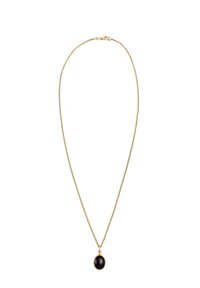 Goldene Kettenhalskette mit einem ovalen schwarzen Edelstein-Anhänger. Die Kette hat eine gedrehte Textur, und der Anhänger ist in einem goldenen Fassungsrahmen gesetzt.