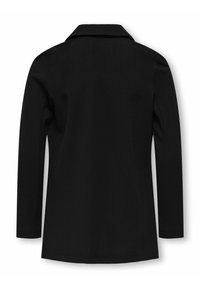 Black long-sleeve jacket with a collar, featuring a smooth texture and a tailored fit. No visible patterns or hardware details.