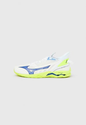White athletic shoes with blue and neon green accents, featuring a mesh upper, wave-shaped sole, and distinctive design elements.