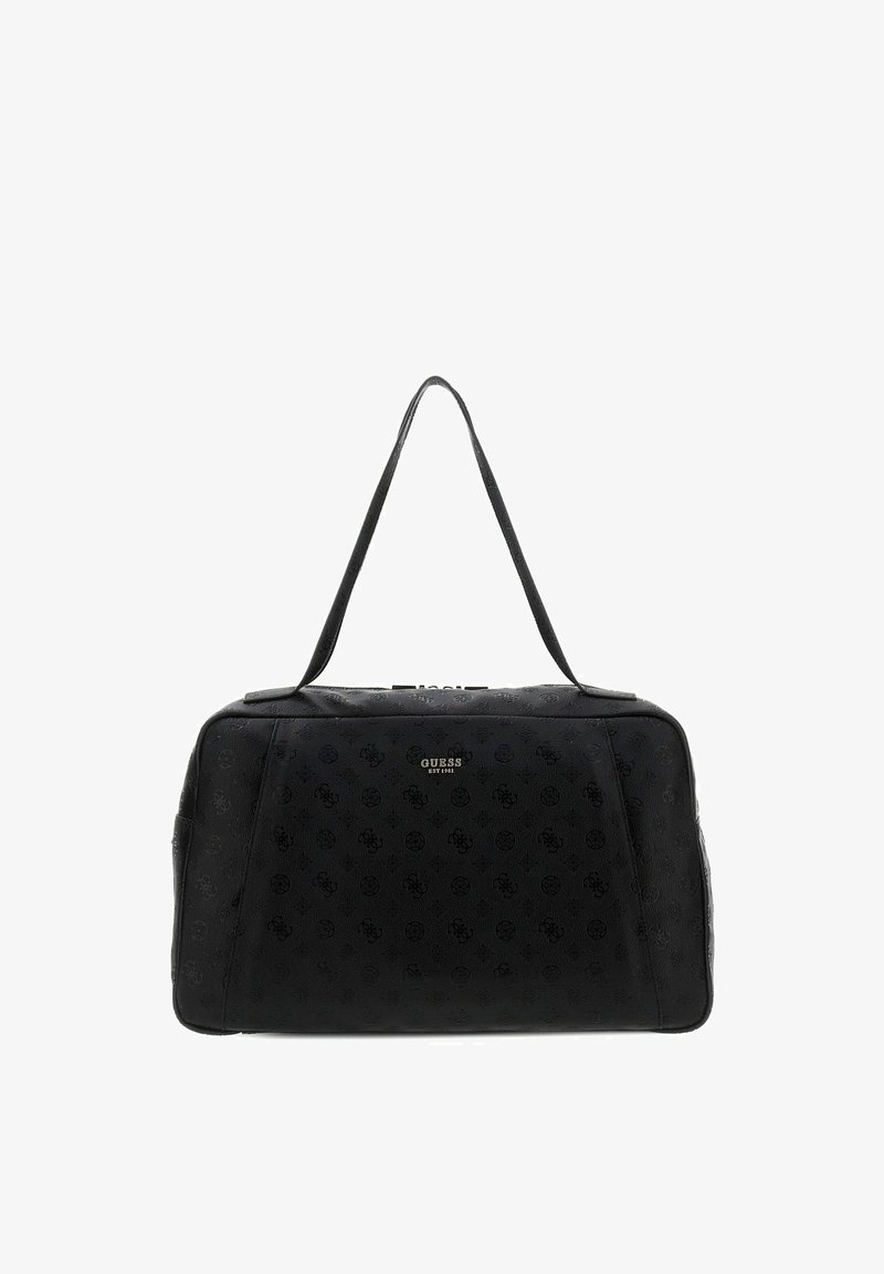 Sac à main Guess noir avec bandoulière, motif de logo embossé et petit logo métallique Guess au centre à l'avant.