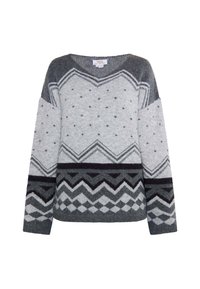 Grauer Strickpullover mit V-Ausschnitt, geometrischen Mustern und verschiedenen Grautönen mit dunklen Akzenten. Lange Ärmel, texturiertes Material.