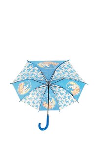 Blue umbrella featuring Sonic the Hedgehog graphics, with alternating panels of solid blue and white patterns of the character. Curved handle.