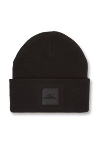 Black knitted beanie with a folded cuff. Features a square patch with a logo, made from a soft, stretchy material.
