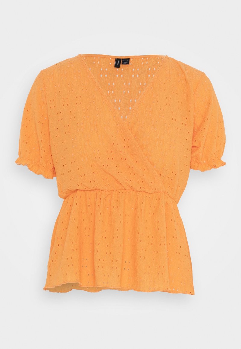 Blouse orange à manches courtes en tissu ajouré, col en V croisé, taille élastique et ourlets volantés aux manches et à l'ourlet.