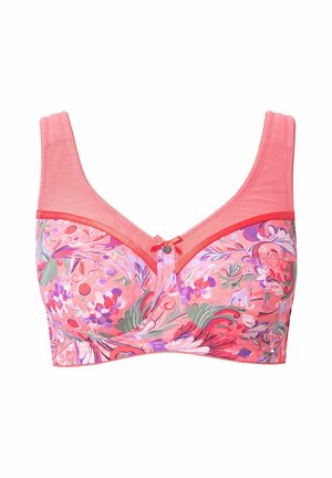 Büstenhalter mit Blumenmuster in Pink, aus weichem Stoff, mit breiten Trägern und einer dekorativen Schleife in der Mitte. Enthält verstärkte Körbchen für zusätzlichen Halt.