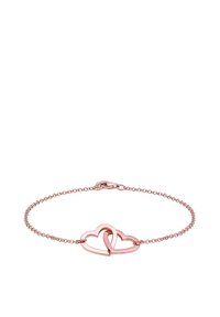 Roze gouden armband met een in elkaar grijpend hartontwerp. Voorzien van een delicate ketting met een springring sluiting. Gladde, gepolijste afwerking.