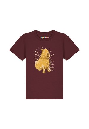 T-shirt pour enfant à manches courtes de couleur marron avec une illustration détaillée d'un capybara jaune-brun centrée sur le devant.