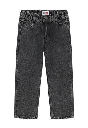 Zwarte denim jeans voor kinderen met elastische tailleband, voorzakken en knoopsluiting, maatlabel met nummer 91.