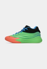 Green and black athletic shoe with wave-like design, blue laces, and an orange outsole. Features a smooth texture and ergonomic shape.