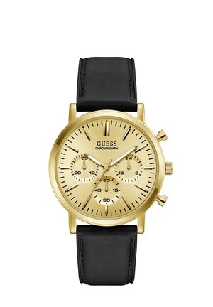 Χρονογράφος ρολόι Gold Guess με μαύρο δερμάτινο λουράκι, τρεις υποκαντράν και χρυσά δείκτες που δείχνουν την ώρα.