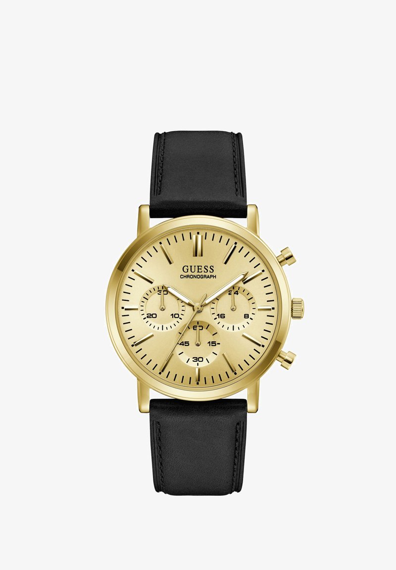 Χρονογράφος ρολόι Gold Guess με μαύρο δερμάτινο λουράκι, τρεις υποκαντράν και χρυσά δείκτες που δείχνουν την ώρα.
