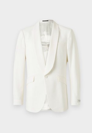 Witte formele blazer met een satijnen sjaalkraag, enkele knoopsluiting en twee voorzakken. Soepele stof met een getailleerde silhouet.