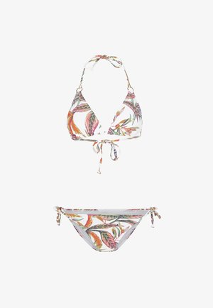 Bikini-setti, jossa on kolmiomuotoinen yläosa ja solmittava alaosa, valmistettu sileästä kankaasta, jossa on trooppisen lehden kuvio valkoisella taustalla.